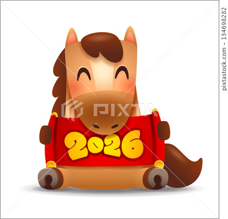 Cute Little Cartoon Horse with a Scroll. Chinese Zodiac Cute Little Cartoon Horse with a Scroll. Chinese Zodiac 134698282