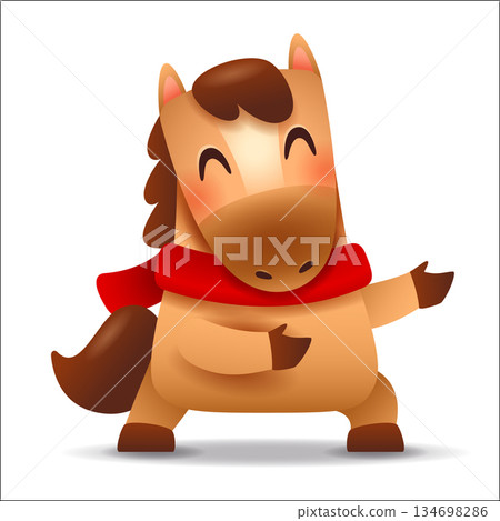 Cute Little Cartoon Horse with Red Scarf. Chinese Zodiac Cute Little Cartoon Horse with Red Scarf. Chinese Zodiac 134698286
