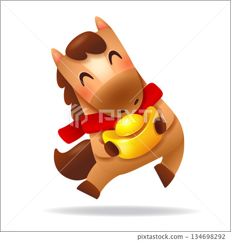 Cute Little Cartoon Horse with Red Scarf and Gold Ingot. Chinese Zodiac Cute Little Cartoon Horse with Red Scarf and Gold Ingot. Chinese Zodiac 134698292
