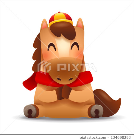 Cute Little Cartoon Horse with Red Scarf. Chinese Zodiac. Gong Xi Hand Gesture. Cute Little Cartoon Horse with Red Scarf. Chinese Zodiac. Gong Xi Hand Gesture. 134698293