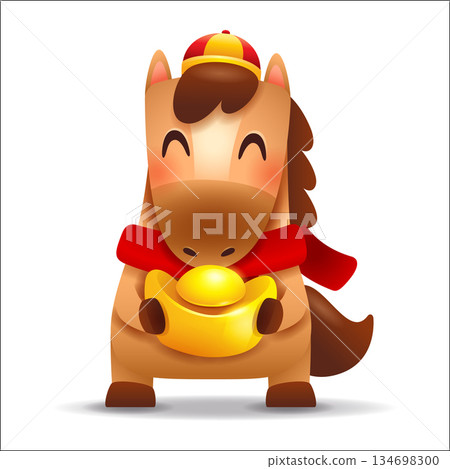 Cute Little Cartoon Horse with Red Scarf and Gold Ingot. Chinese Zodiac Cute Little Cartoon Horse with Red Scarf and Gold Ingot. Chinese Zodiac 134698300