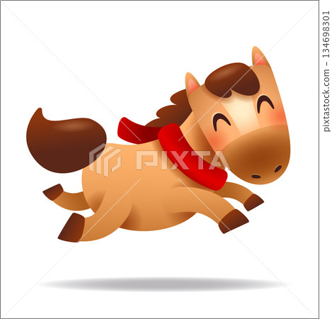 Cute Little Cartoon Horse with Red Scarf. Chinese Zodiac Cute Little Cartoon Horse with Red Scarf. Chinese Zodiac 134698301