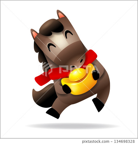 Cute Little Cartoon Horse with Red Scarf and Gold Ingot. Chinese Zodiac 134698328
