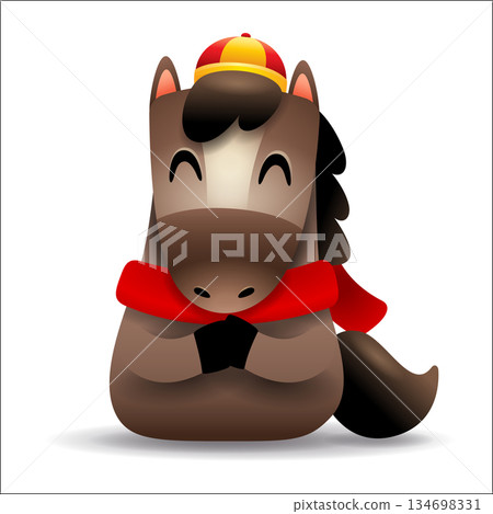 Cute Little Cartoon Horse with Red Scarf. Chinese Zodiac. Gong Xi Hand Gesture. Cute Little Cartoon Horse with Red Scarf. Chinese Zodiac. Gong Xi Hand Gesture. 134698331