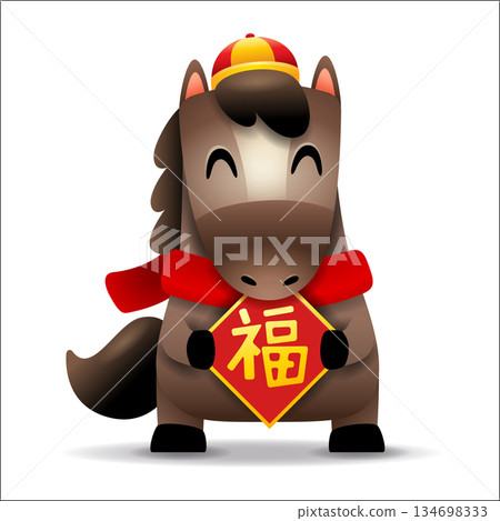 Cute Little Cartoon Horse with Red Scarf Hold a Sign. Chinese Zodiac 134698333
