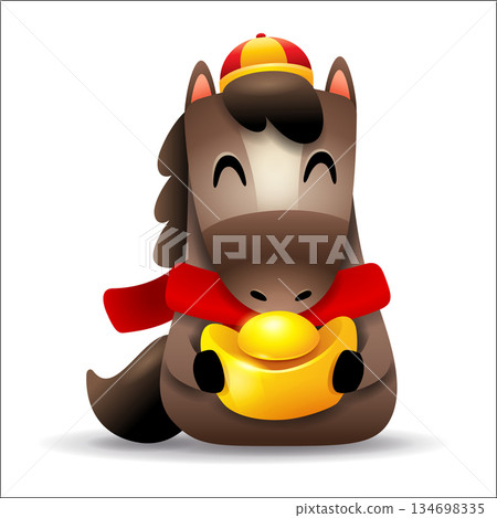 Cute Little Cartoon Horse with Red Scarf and Gold Ingot. Chinese Zodiac Cute Little Cartoon Horse with Red Scarf and Gold Ingot. Chinese Zodiac 134698335