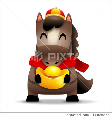 Cute Little Cartoon Horse with Red Scarf and Gold Ingot. Chinese Zodiac 134698336