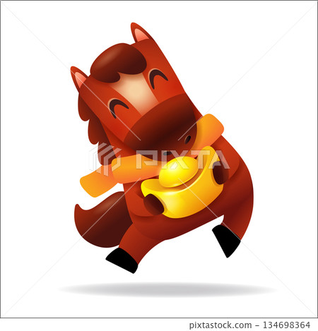 Cute Little Cartoon Horse with Scarf and Gold Ingot. Chinese Zodiac Cute Little Cartoon Horse with Scarf and Gold Ingot. Chinese Zodiac 134698364