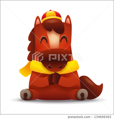 Cute Little Cartoon Horse with Scarf. Chinese Zodiac. Gong Xi Hand Gesture. 134698365