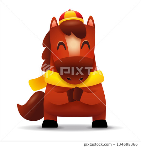Cute Little Cartoon Horse with Scarf. Chinese Zodiac. Gong Xi Hand Gesture. Cute Little Cartoon Horse with Scarf. Chinese Zodiac. Gong Xi Hand Gesture. 134698366