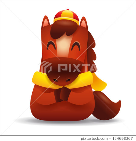 Cute Little Cartoon Horse with Scarf. Chinese Zodiac. Gong Xi Hand Gesture. Cute Little Cartoon Horse with Scarf. Chinese Zodiac. Gong Xi Hand Gesture. 134698367