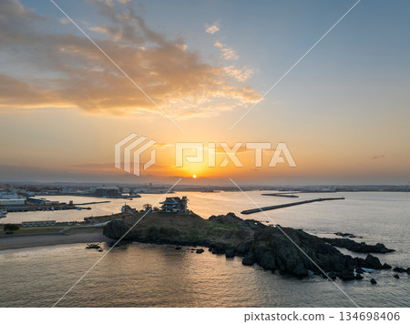 Aerial view of the evening sky and Kabushima Island in Aomori Prefecture, Hachinohe City 134698406