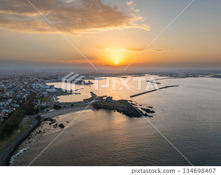 Aerial view of the evening sky and Kabushima Island in Aomori Prefecture, Hachinohe City Aerial view of the evening sky and Kabushima Island in Aomori Prefecture, Hachinohe City 134698407