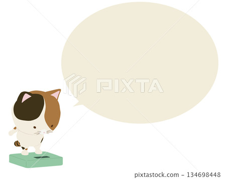 Calico cat on a scale. With speech bubble. Calico cat on a scale. With speech bubble. 134698448