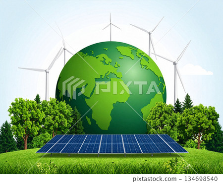 一幅綠色星球的插圖，周圍環繞著樹木、風力渦輪機和太陽能電池板。 134698540