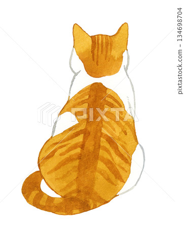 Brown and white cat sitting with its back turned - Hand-drawn watercolor illustration of pets and animals Brown and white cat sitting with its back turned - Hand-drawn watercolor illustration of pets and animals 134698704
