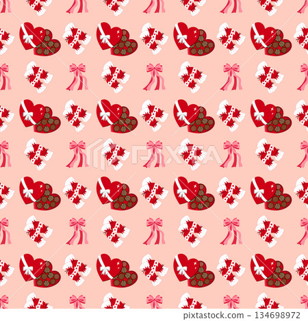 Valentine Seamless Pattern with Heart Shaped Chocolate Boxes, Candies, and Pink Bows Valentine Seamless Pattern with Heart Shaped Chocolate Boxes, Candies, and Pink Bows 134698972