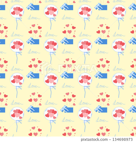 Valentine Seamless Pattern with Heart Balloons, Gift Boxes, and Lover Handwriting on Yellow Background 134698973