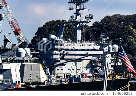 The U.S. Navy nuclear-powered aircraft carrier USS George Washington is docked at Yokosuka Naval Base in Kanagawa Prefecture for repairs and replenishment. The U.S. Navy nuclear-powered aircraft carrier USS George Washington is docked at Yokosuka Naval Base in Kanagawa Prefecture for repairs and replenishment. 134699291