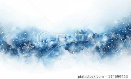 Ethereal winter background with delicate snowflakes and blue watercolor effect. Concept of seasonal beauty, frost, and holiday atmosphere. 134699433