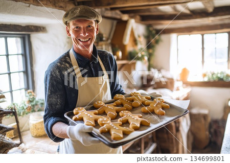 Gingerbread man cookies baked by a happy male baker wearing a cap and apron in a rustic kitchen. Festive Gingerbread man baking 134699801