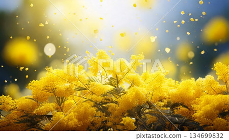Close-up of yellow mimosa flowers with glitter bokeh background 134699832