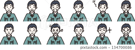 身穿綠色制服的工人表情各異的插圖 134700086