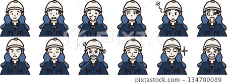 Illustration of a female worker with various expressions, wearing a helmet and navy uniform Illustration of a female worker with various expressions, wearing a helmet and navy uniform 134700089