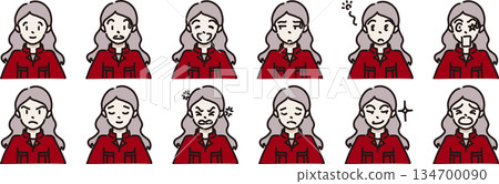 Illustration of a female worker with various expressions in a red uniform 134700090