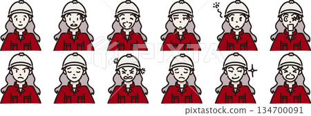 Illustration of a female worker with various expressions, wearing a helmet and red uniform Illustration of a female worker with various expressions, wearing a helmet and red uniform 134700091