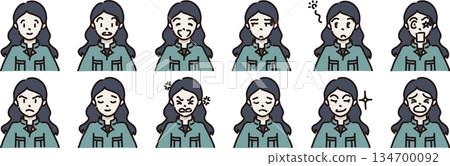 Illustration of a female worker with various expressions in a green uniform Illustration of a female worker with various expressions in a green uniform 134700092