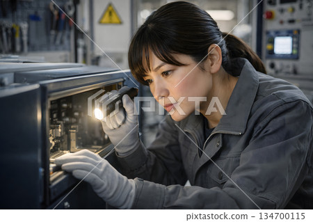 A female technician (in her late 30s) inspecting the inside of the device 134700115