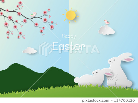 Happy Easter greeting card,Spring field background with cute Bunny and blooming flowers on sunshine day 134700120