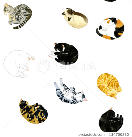 Seamless pattern of cute sleeping cats. Hand-drawn watercolor illustration background material for animals and pets. Seamless pattern of cute sleeping cats. Hand-drawn watercolor illustration background material for animals and pets. 134700280