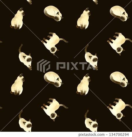 可愛的暹羅貓無縫圖案。手繪水彩插畫背景素材，適用於動物和寵物。 134700294