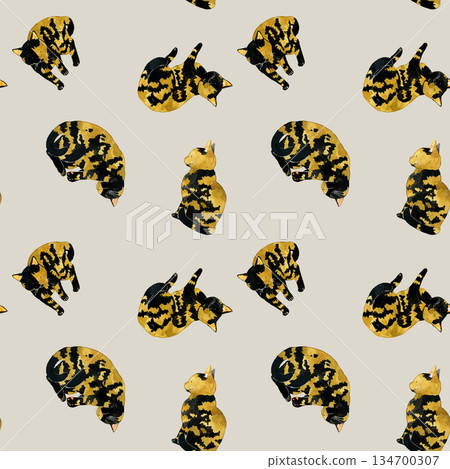 可愛的薩比貓無縫圖案。手繪水彩插畫背景素材，適用於動物和寵物。 134700307