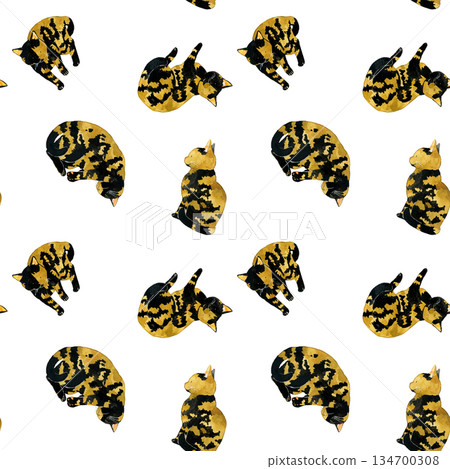 可愛的薩比貓無縫圖案。手繪水彩插畫背景素材，適用於動物和寵物。 134700308