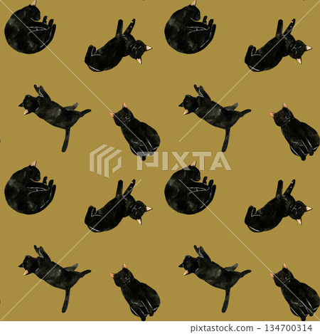 可愛的黑貓無縫圖案。手繪水彩插畫背景素材，適用於動物和寵物。 134700314