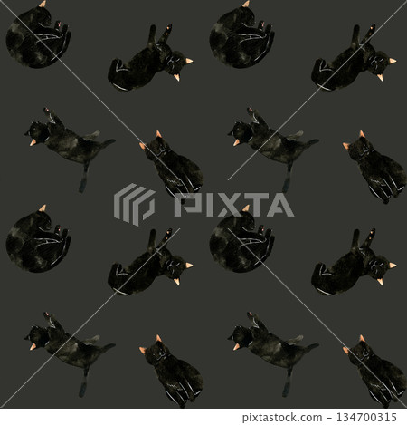可愛的黑貓無縫圖案。手繪水彩插畫背景素材，適用於動物和寵物。 134700315