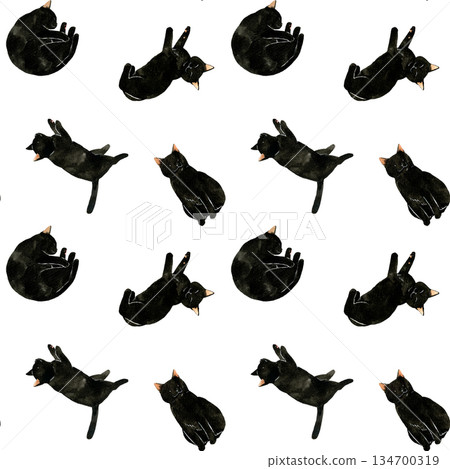 Cute black cat seamless pattern. Hand-drawn watercolor illustration background material for animals and pets. Cute black cat seamless pattern. Hand-drawn watercolor illustration background material for animals and pets. 134700319