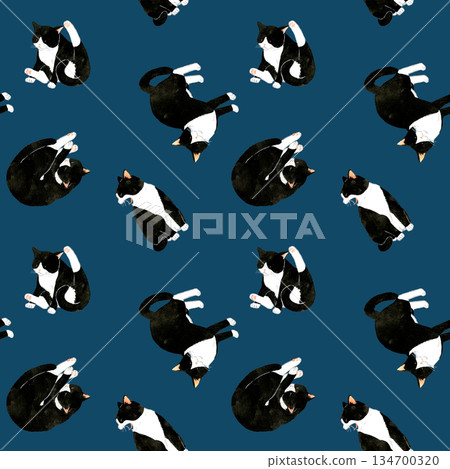 Cute black and white tabby cat seamless pattern. Hand-drawn watercolor illustration background material for animals and pets. Cute black and white tabby cat seamless pattern. Hand-drawn watercolor illustration background material for animals and pets. 134700320