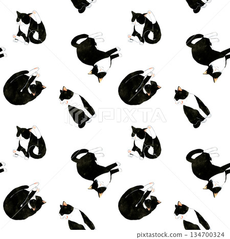 可愛的黑白虎斑貓無縫圖案。手繪水彩插畫背景素材，適用於動物和寵物。 134700324
