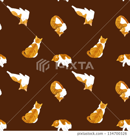 可愛的棕白相間貓咪無縫圖案。手繪水彩插畫背景素材，適用於動物和寵物。 134700326