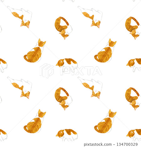 可愛的棕白相間貓咪無縫圖案。手繪水彩插畫背景素材，適用於動物和寵物。 134700329