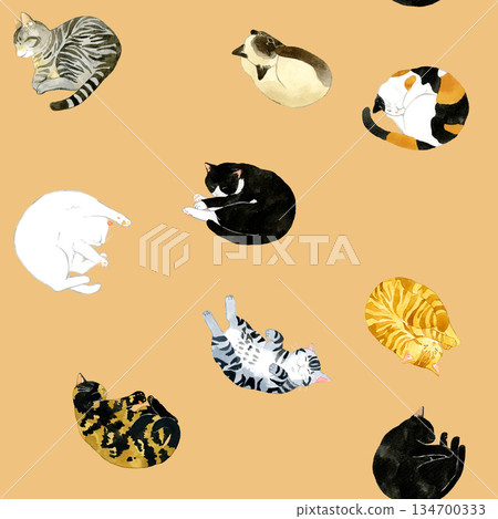 可愛的熟睡貓咪無縫圖案。手繪水彩插畫背景素材，適用於動物和寵物。 134700333