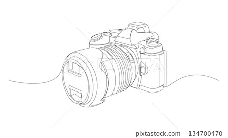 Continuous one line drawing of camera. Micro four thirds vector illustration. Minimalist DSLR design hand drawn. Continuous one line drawing of camera. Micro four thirds vector illustration. Minimalist DSLR design hand drawn. 134700470