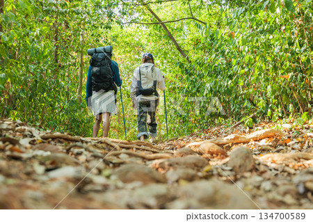 Travel young couple hike walk through dense forest, people enjoy invigorating mountain adventure, exploring stunning natur landscape, memorable journey together, active outdoor lifestyle pursuit 134700589