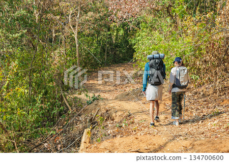 Travel young couple hike walk autumn forest mountain nature trail, people exploring with backpacks, enjoying peaceful outdoor journey, discovery seasonal beauty 134700600