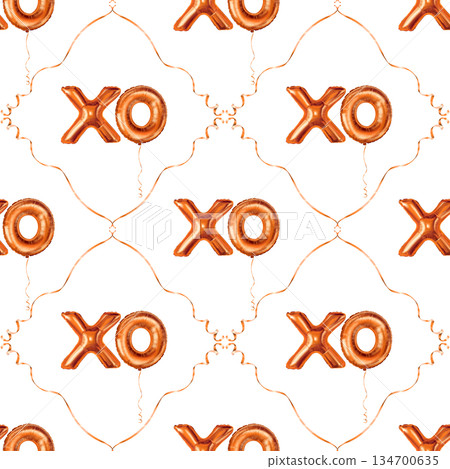 XO gold foil balloon letter sign seamless pattern for Valentine Day. Hand drawn luxury holiday print with diamond ribbon on white background. Ideal for wrapping paper or romantic festive party design. XO gold foil balloon letter sign seamless pattern for Valentine Day. Hand drawn luxury holiday print with diamond ribbon on white background. Ideal for wrapping paper or romantic festive party design. 134700635