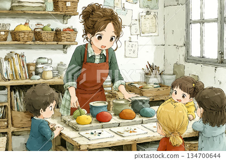 A young nursery teacher and children teaching color play at a nursery school 134700644